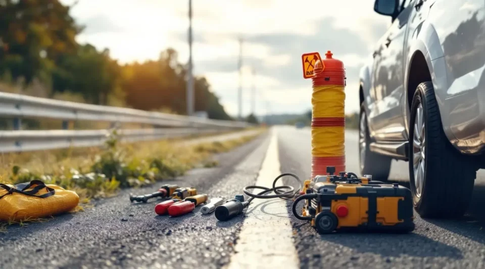 A professional Coastal Tow Truck Service technician using a floor jack to change a flat tire on a busy Vancouver roadside at dusk.