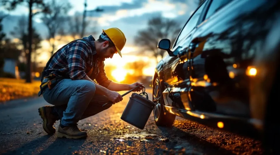 A professional Coastal Tow Truck Service technician using specialized lockout tools to safely unlock a sedan in Vancouver at dusk.