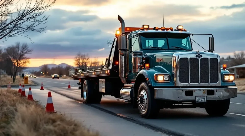 A Coastal Tow Truck Service flatbed truck loading a disabled SUV on a Vancouver street at night, amber lights, professional atmosphere.