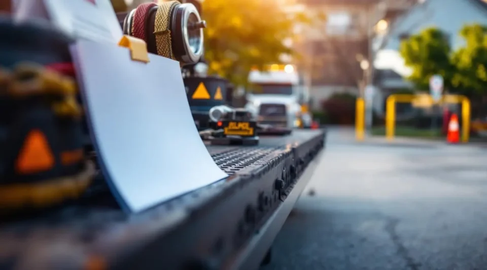 A Coastal Tow Truck Service flatbed truck operator securing a weathered, non-running car for removal on a Vancouver residential street.